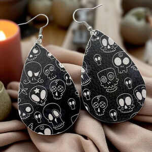 Black White Skull Faux Leather Teardrop Earrings 2” Dangle Lightweight Halloween
